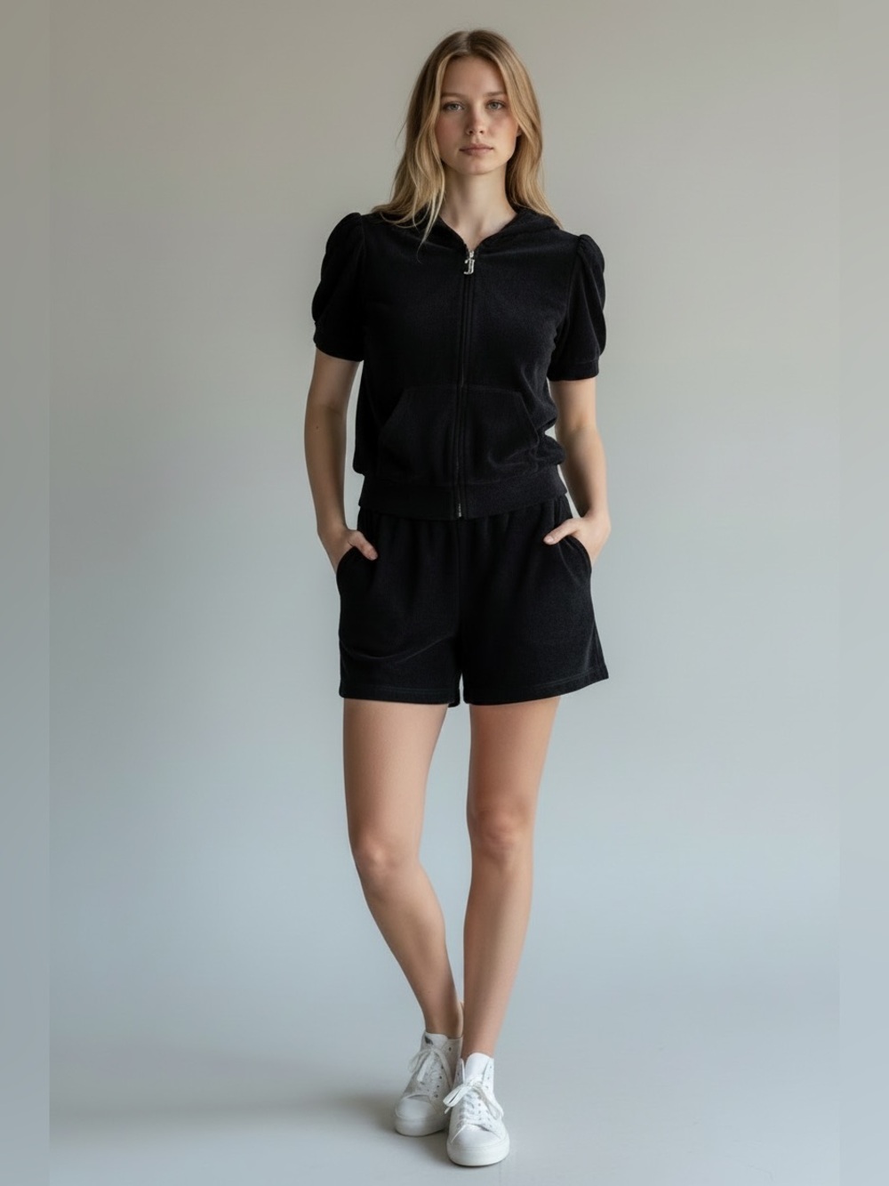 JUICY COUTURE Black Terry Tracksuit Hoodie Jacket Shorts Set Medium NWT $179